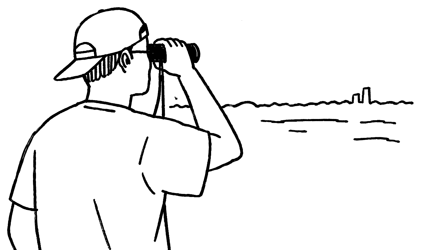 A line drawing of a person in a cap looking through binoculars toward a distant shoreline.
